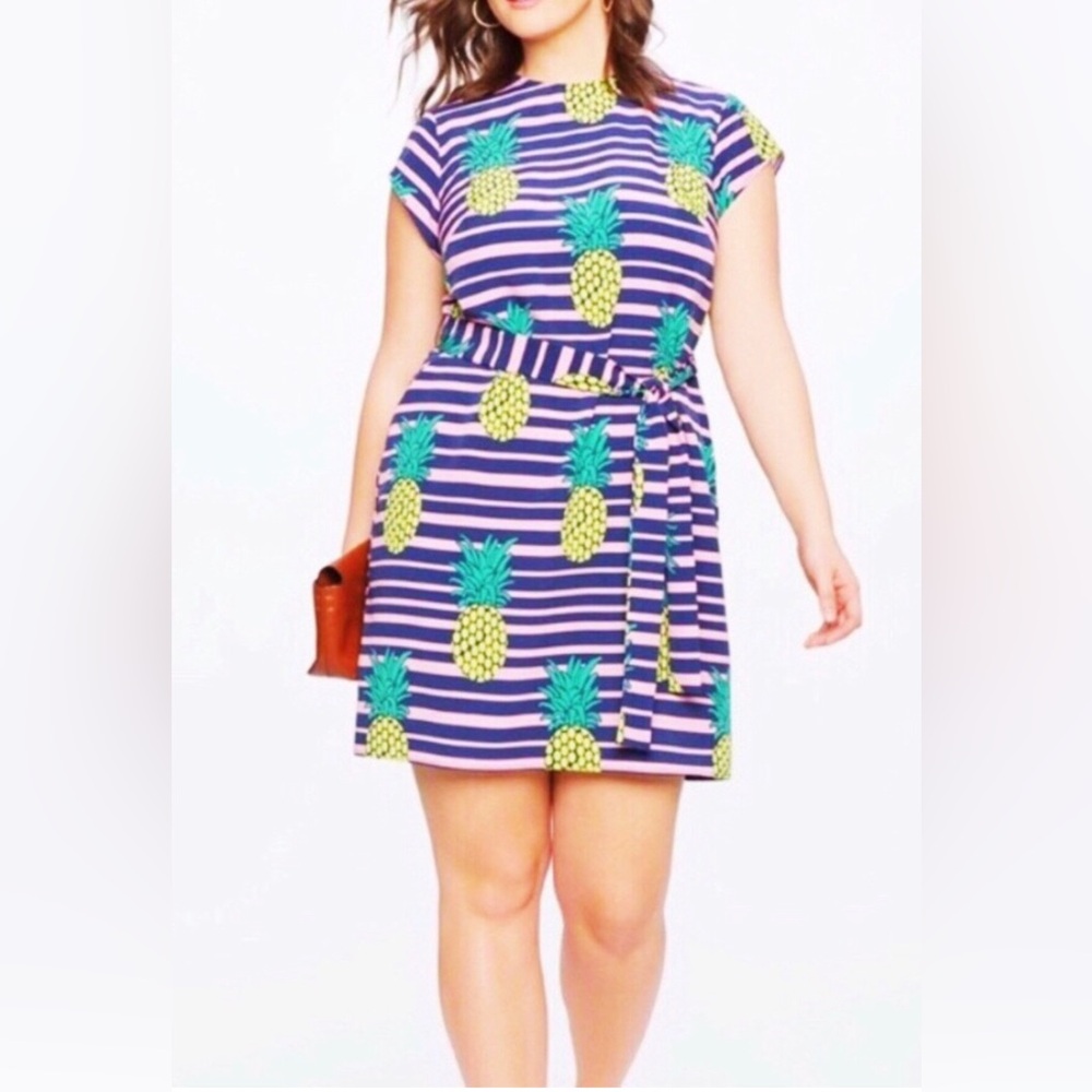 Eloquii Pineapple Print Dress Plus Size Stripe Pink Short Sleeve 16
